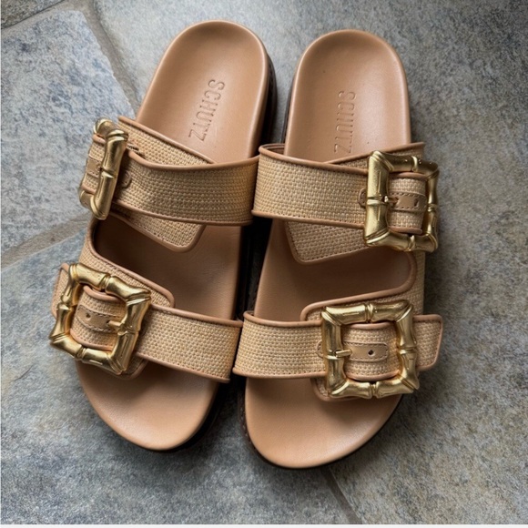 SCHUTZ Enola Natural Sporty Slide Sandals Women's Gold Buckle Sandals Size 8.5 - Picture 2 of 11